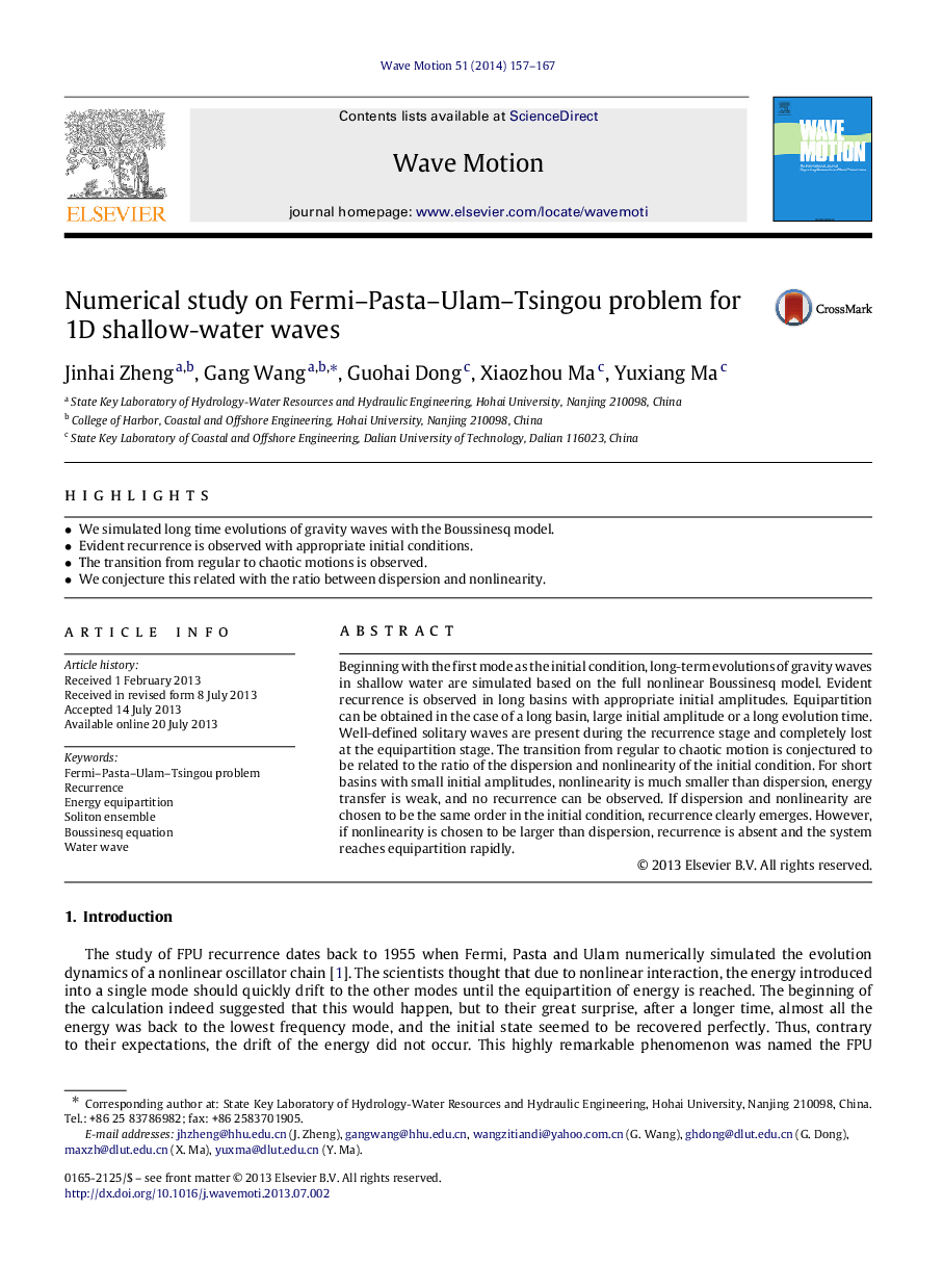 Numerical study on Fermi–Pasta–Ulam–Tsingou problem for 1D shallow-water waves