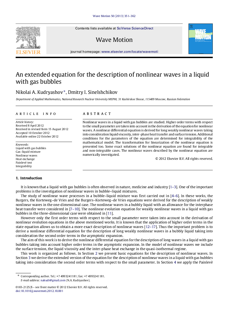 An extended equation for the description of nonlinear waves in a liquid with gas bubbles