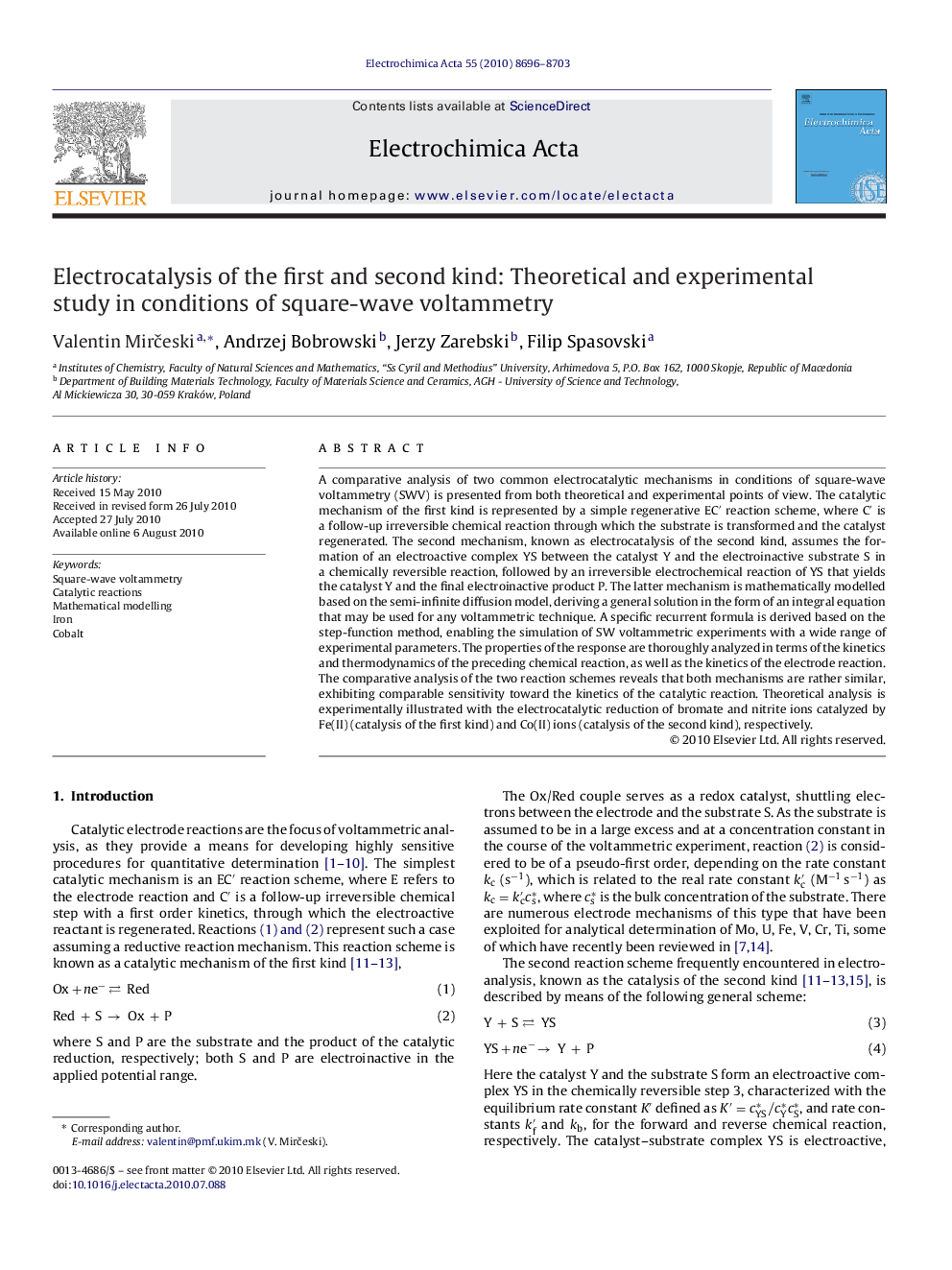 عکس صفحه اول مقاله: Electrocatalysis of the first and second kind: Theoretical and experimental study in conditions of square-wave voltammetry Electrocatalysis of the first and second kind: Theoretical and experimental study in conditions of square-wave voltammetry