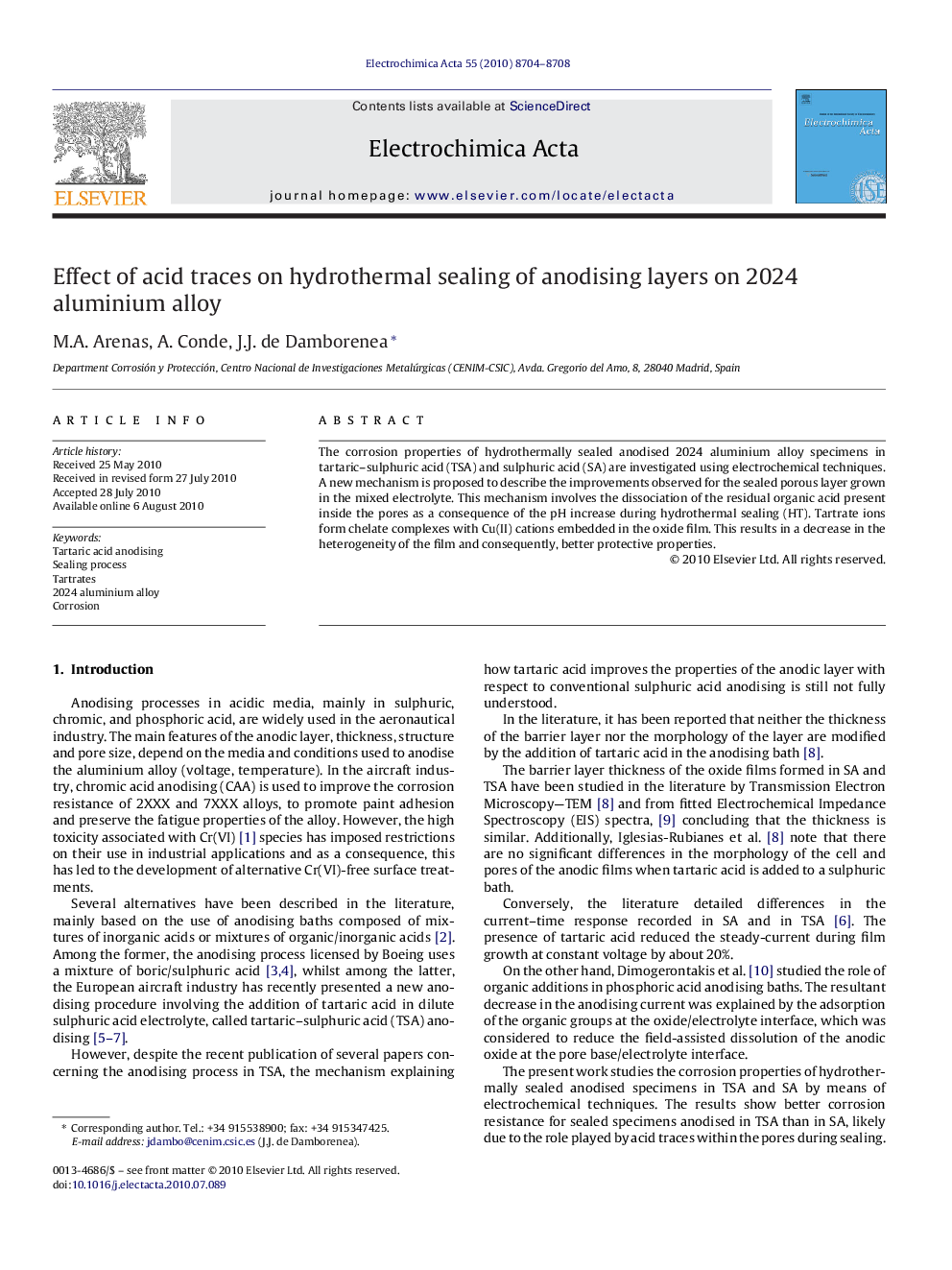 Effect of acid traces on hydrothermal sealing of anodising layers on 2024 aluminium alloy