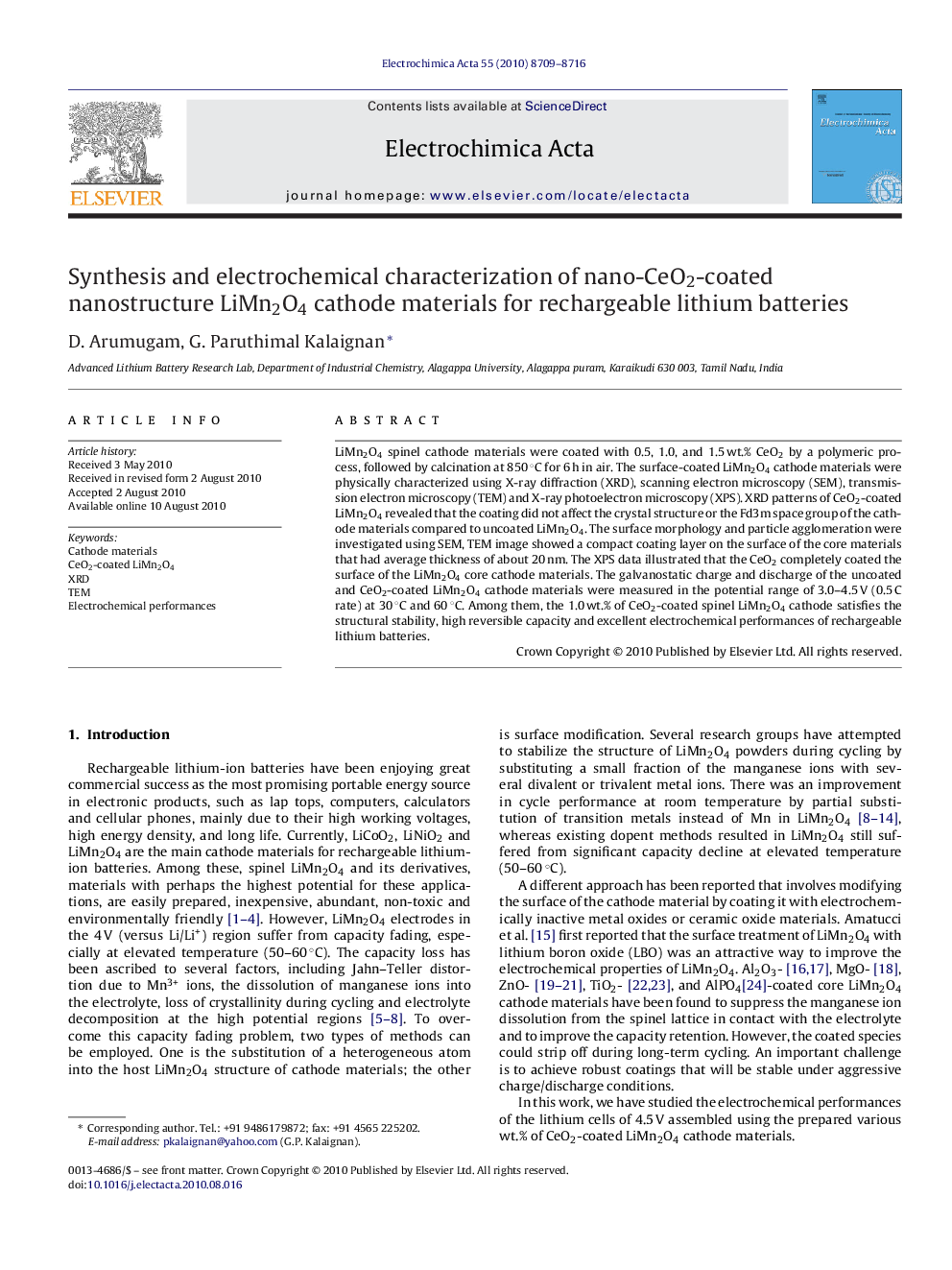 Synthesis and electrochemical characterization of nano-CeO2-coated nanostructure LiMn2O4 cathode materials for rechargeable lithium batteries