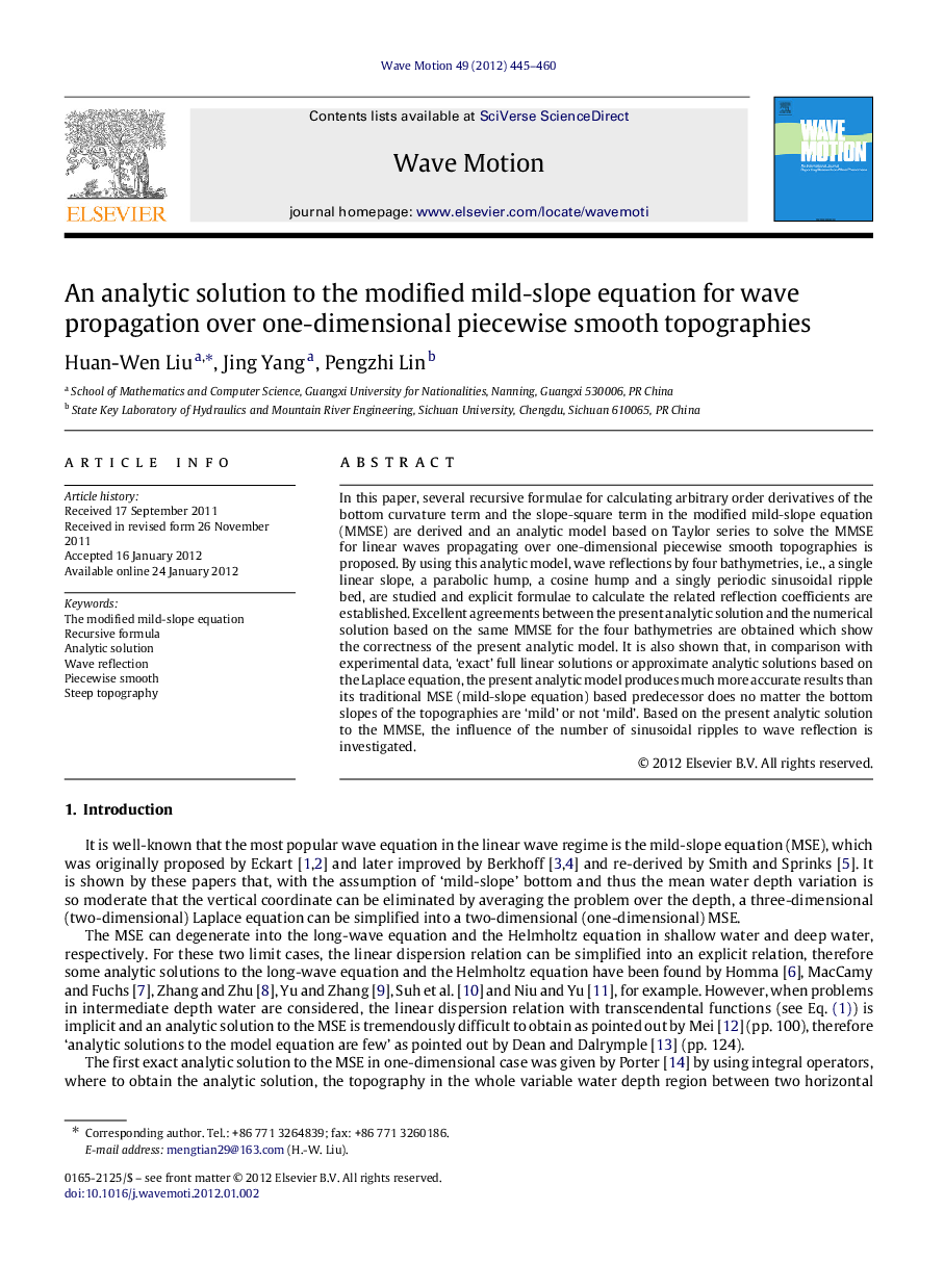 An analytic solution to the modified mild-slope equation for wave propagation over one-dimensional piecewise smooth topographies