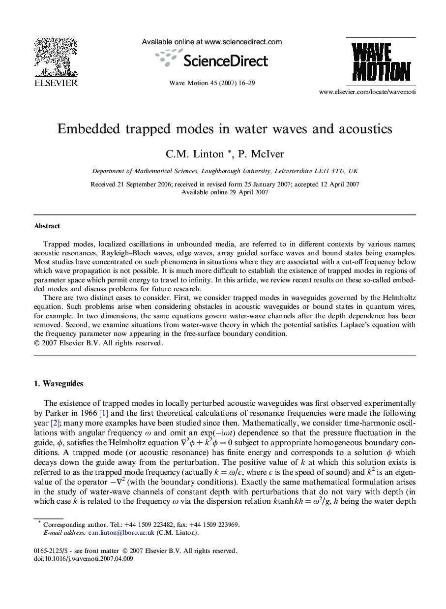 Embedded trapped modes in water waves and acoustics