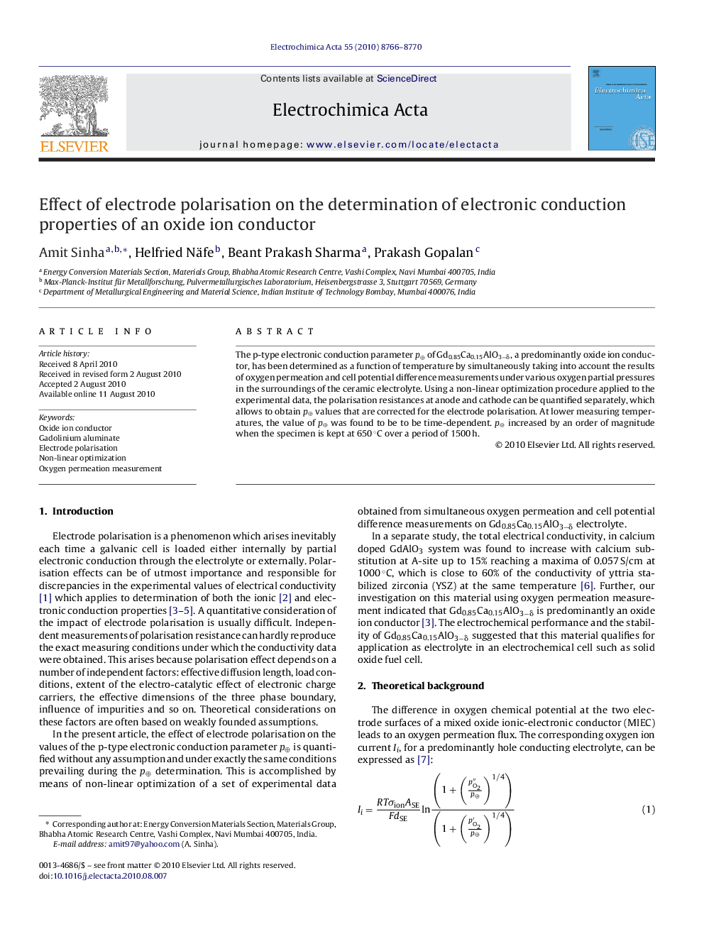 Effect of electrode polarisation on the determination of electronic conduction properties of an oxide ion conductor