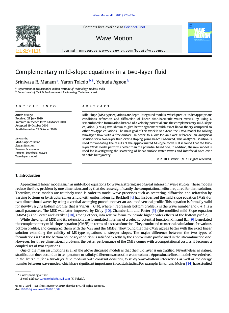 Complementary mild-slope equations in a two-layer fluid