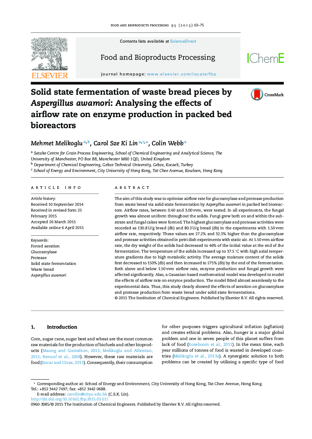 Solid state fermentation of waste bread pieces by Aspergillus awamori: Analysing the effects of airflow rate on enzyme production in packed bed bioreactors