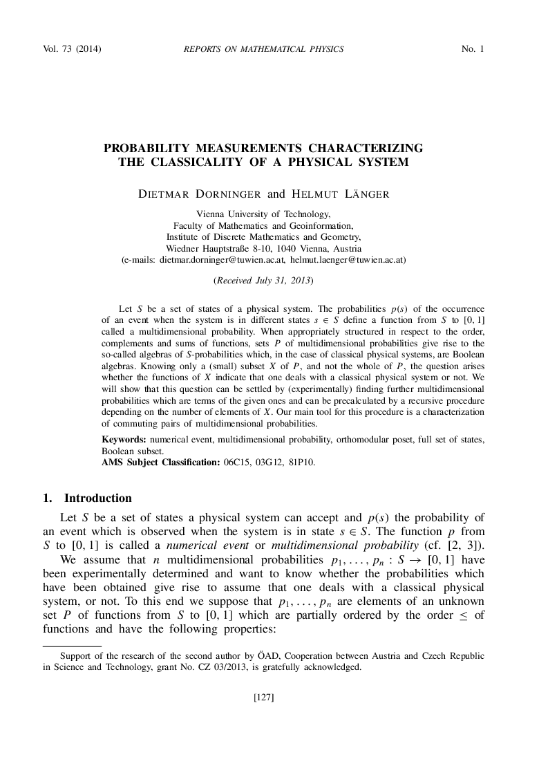 Probability measurements characterizing the classicality of a physical system 