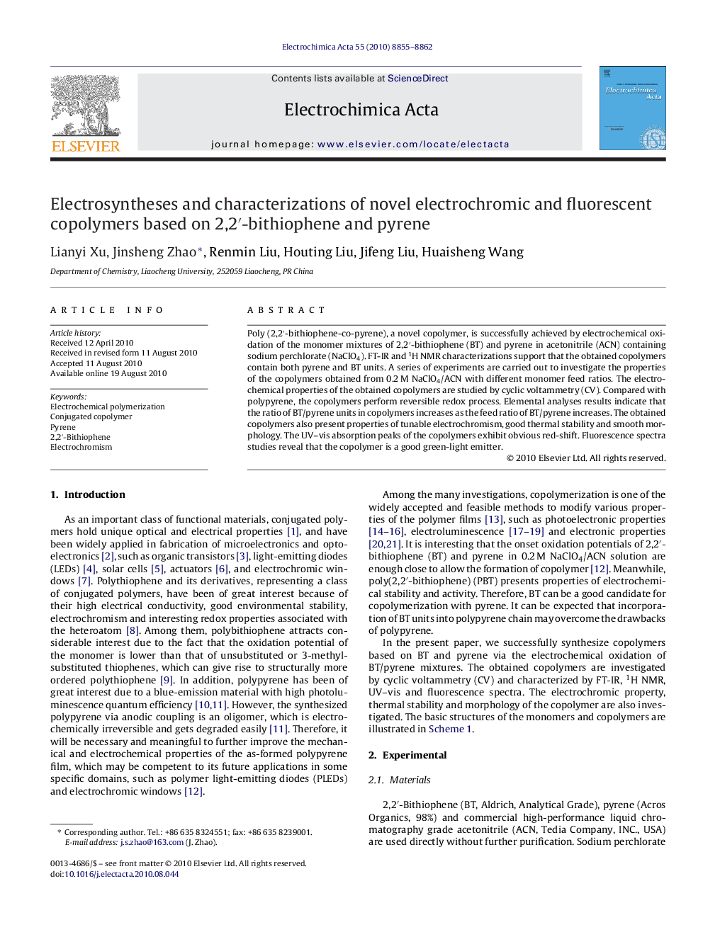 Electrosyntheses and characterizations of novel electrochromic and fluorescent copolymers based on 2,2′-bithiophene and pyrene