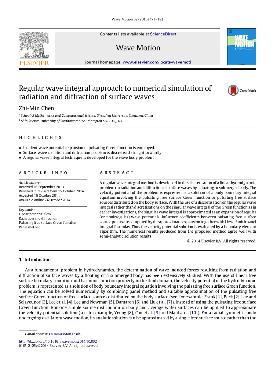 Regular wave integral approach to numerical simulation of radiation and diffraction of surface waves