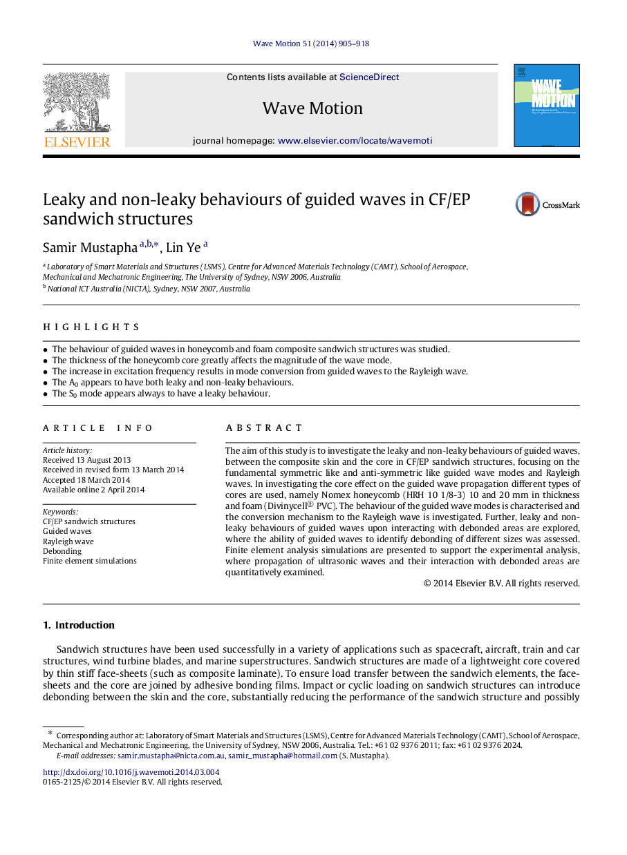 Leaky and non-leaky behaviours of guided waves in CF/EP sandwich structures