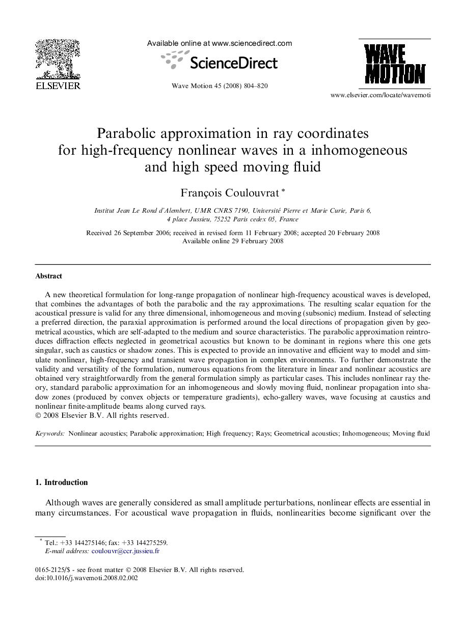 Parabolic approximation in ray coordinates for high-frequency nonlinear waves in a inhomogeneous and high speed moving fluid