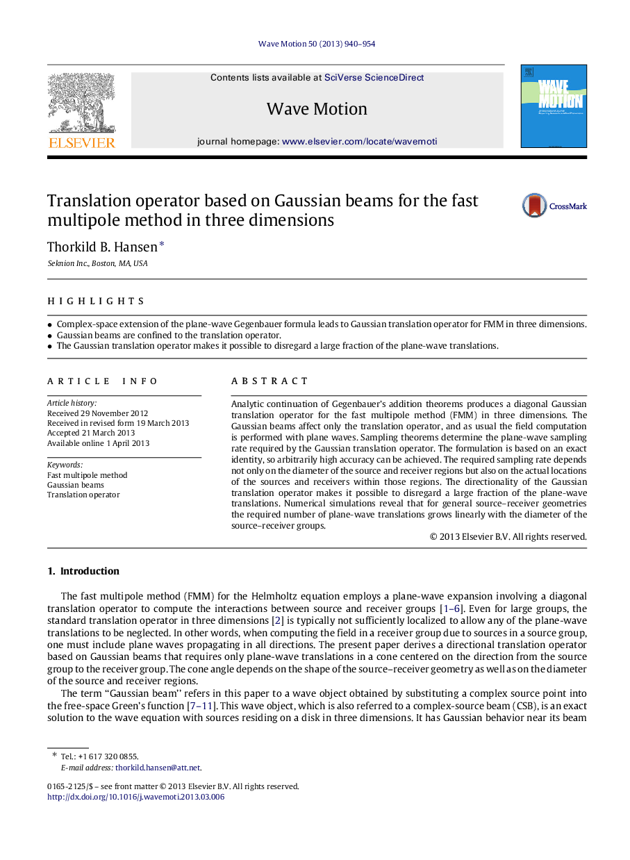 Translation operator based on Gaussian beams for the fast multipole method in three dimensions