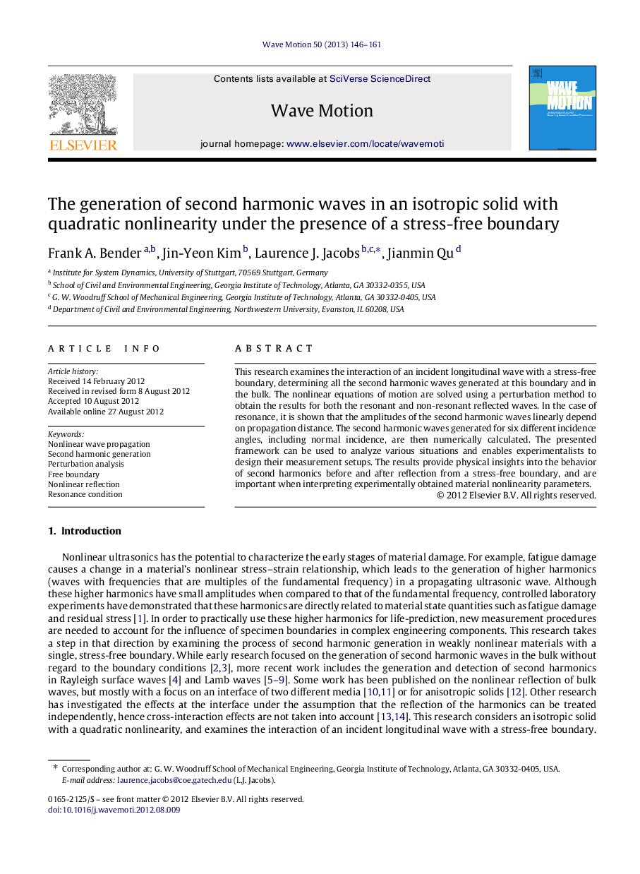 The generation of second harmonic waves in an isotropic solid with quadratic nonlinearity under the presence of a stress-free boundary