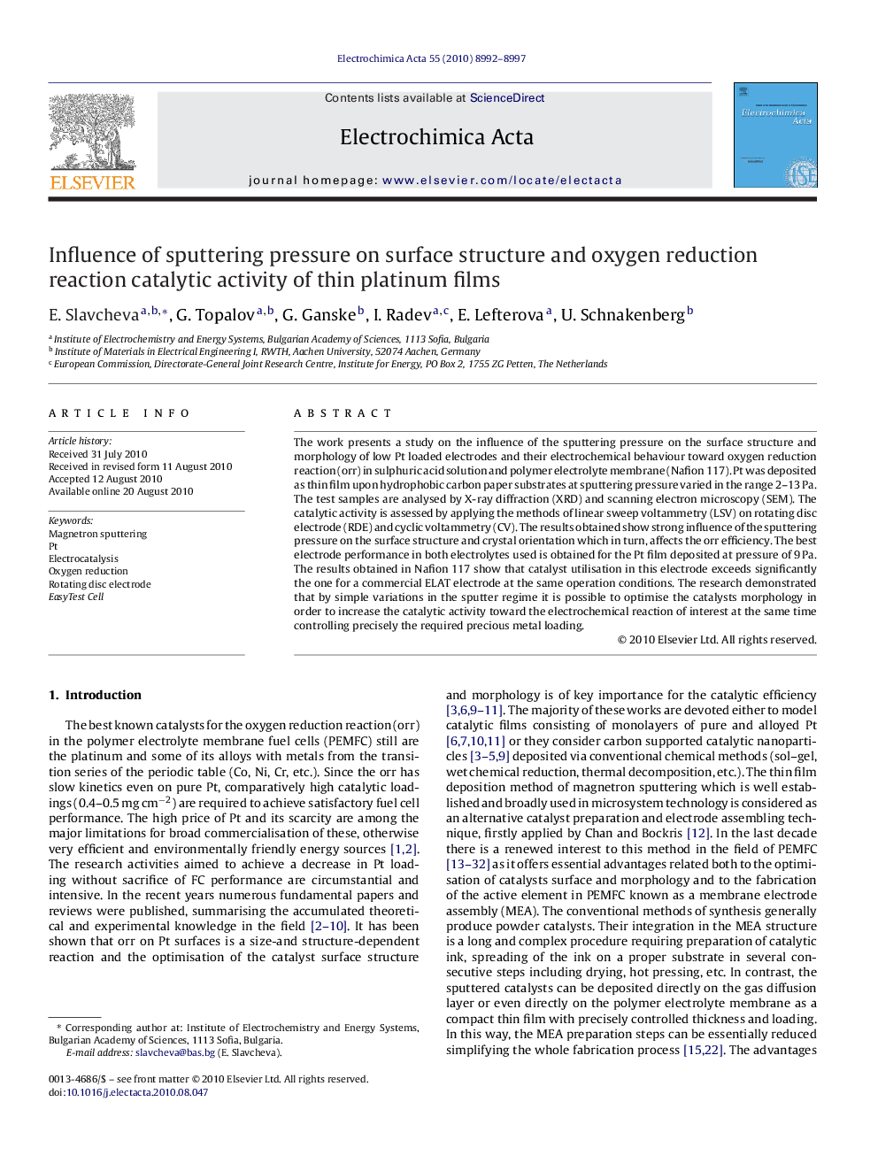 Influence of sputtering pressure on surface structure and oxygen reduction reaction catalytic activity of thin platinum films