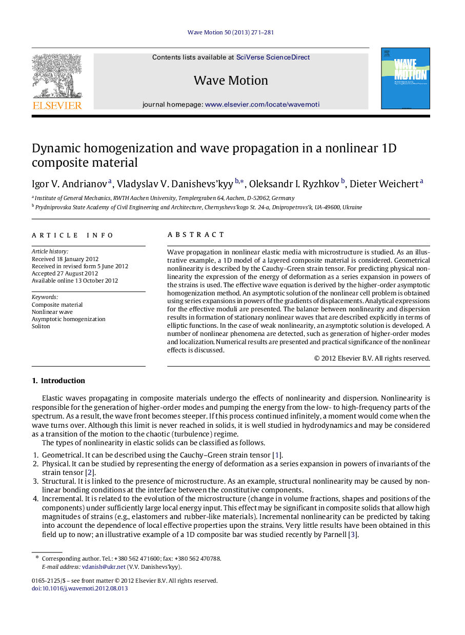 Dynamic homogenization and wave propagation in a nonlinear 1D composite material