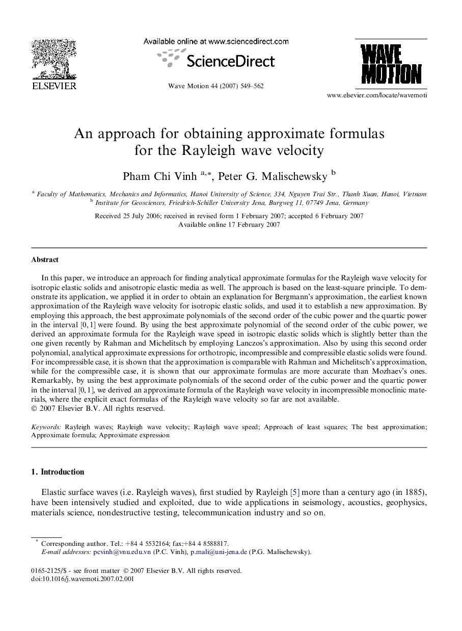 An approach for obtaining approximate formulas for the Rayleigh wave velocity