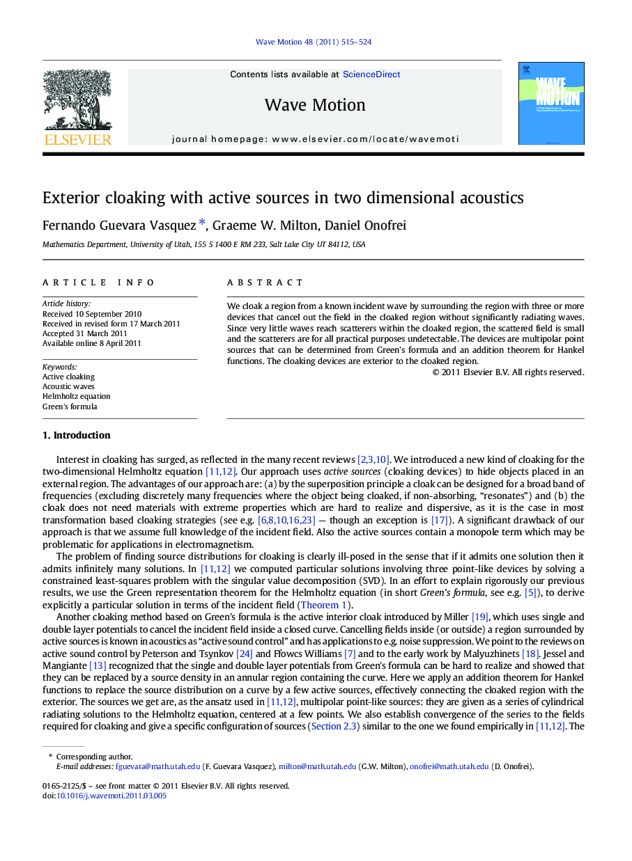 Exterior cloaking with active sources in two dimensional acoustics