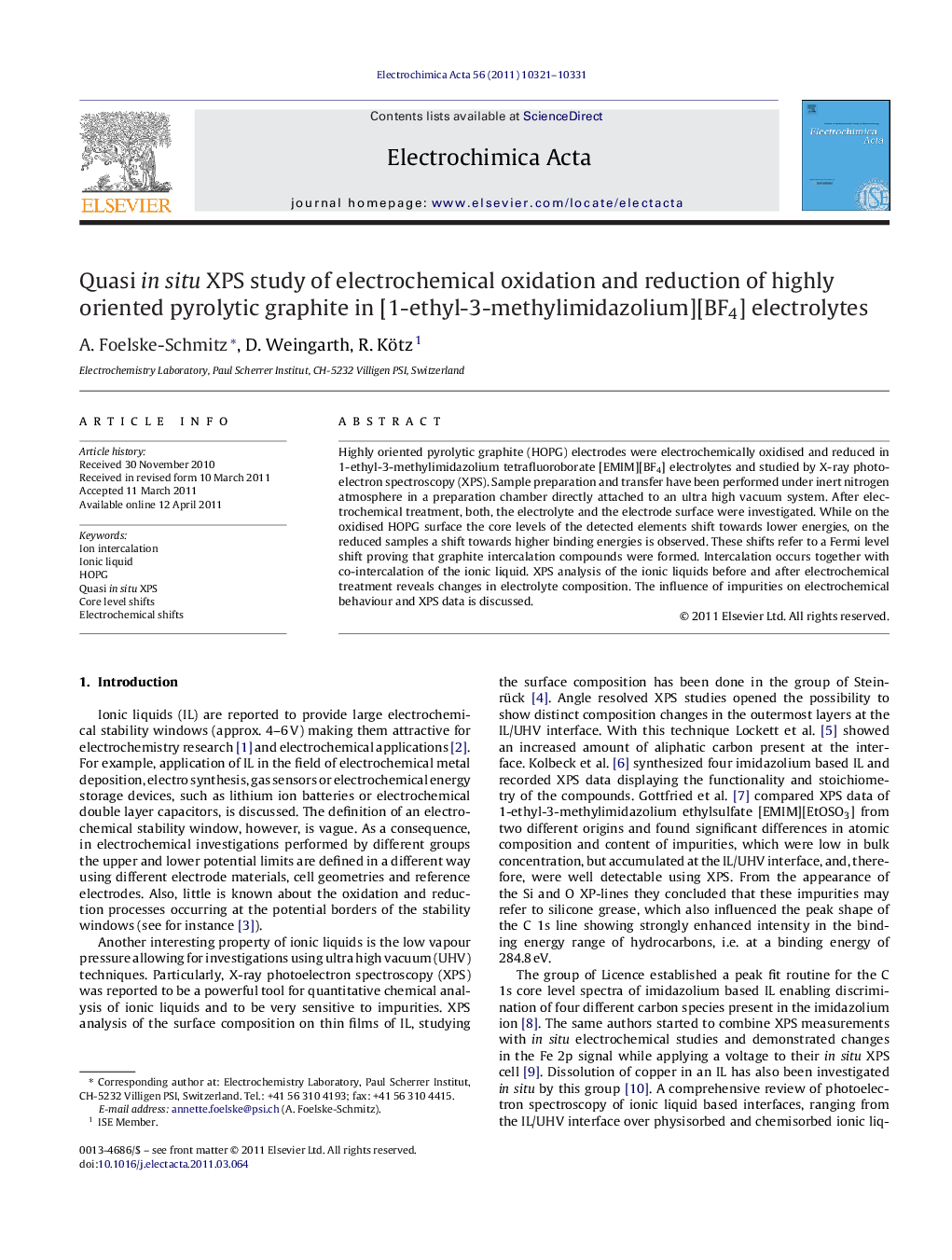 Quasi in situ XPS study of electrochemical oxidation and reduction of highly oriented pyrolytic graphite in [1-ethyl-3-methylimidazolium][BF4] electrolytes