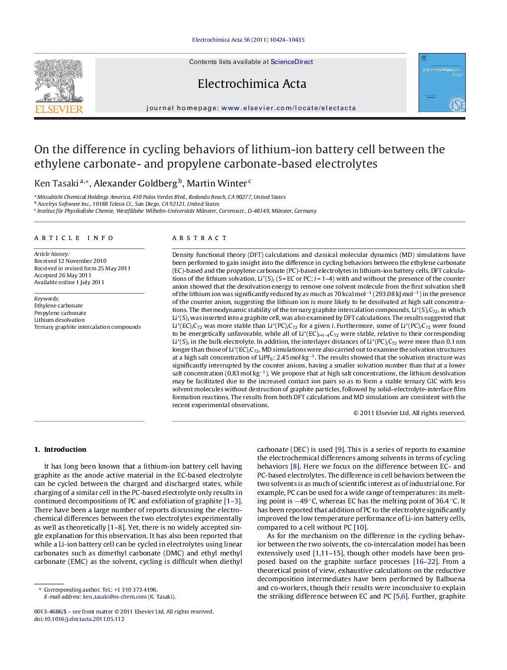 On the difference in cycling behaviors of lithium-ion battery cell between the ethylene carbonate- and propylene carbonate-based electrolytes