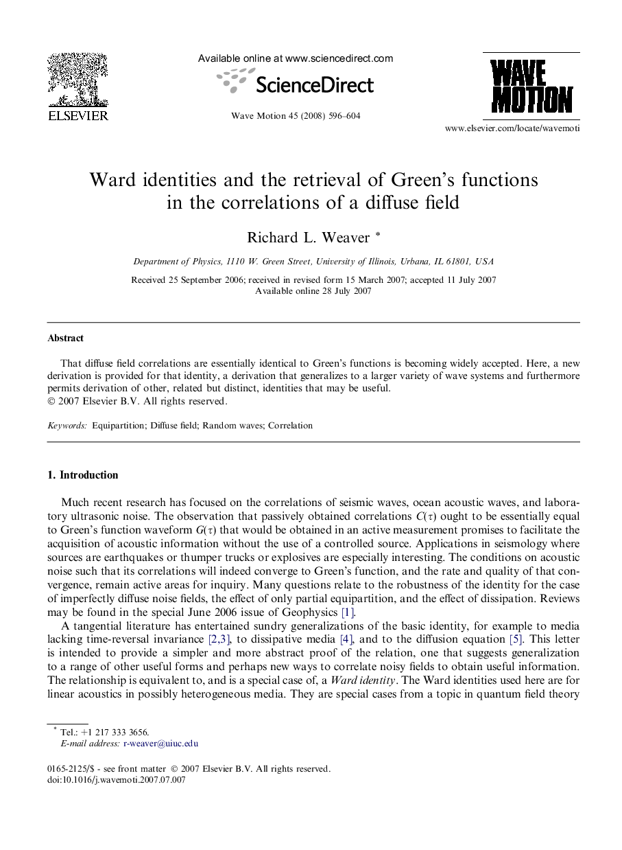 Ward identities and the retrieval of Green’s functions in the correlations of a diffuse field