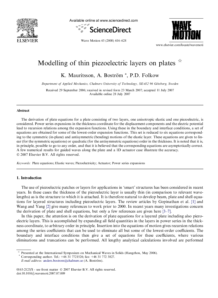 Modelling of thin piezoelectric layers on plates 