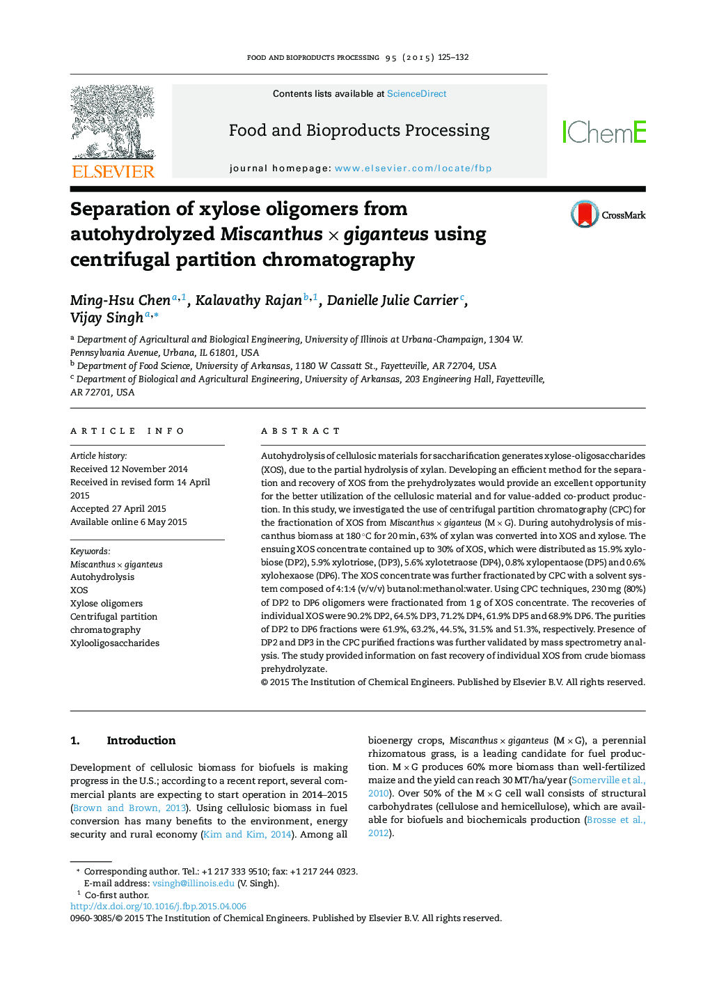 Separation of xylose oligomers from autohydrolyzed Miscanthus × giganteus using centrifugal partition chromatography