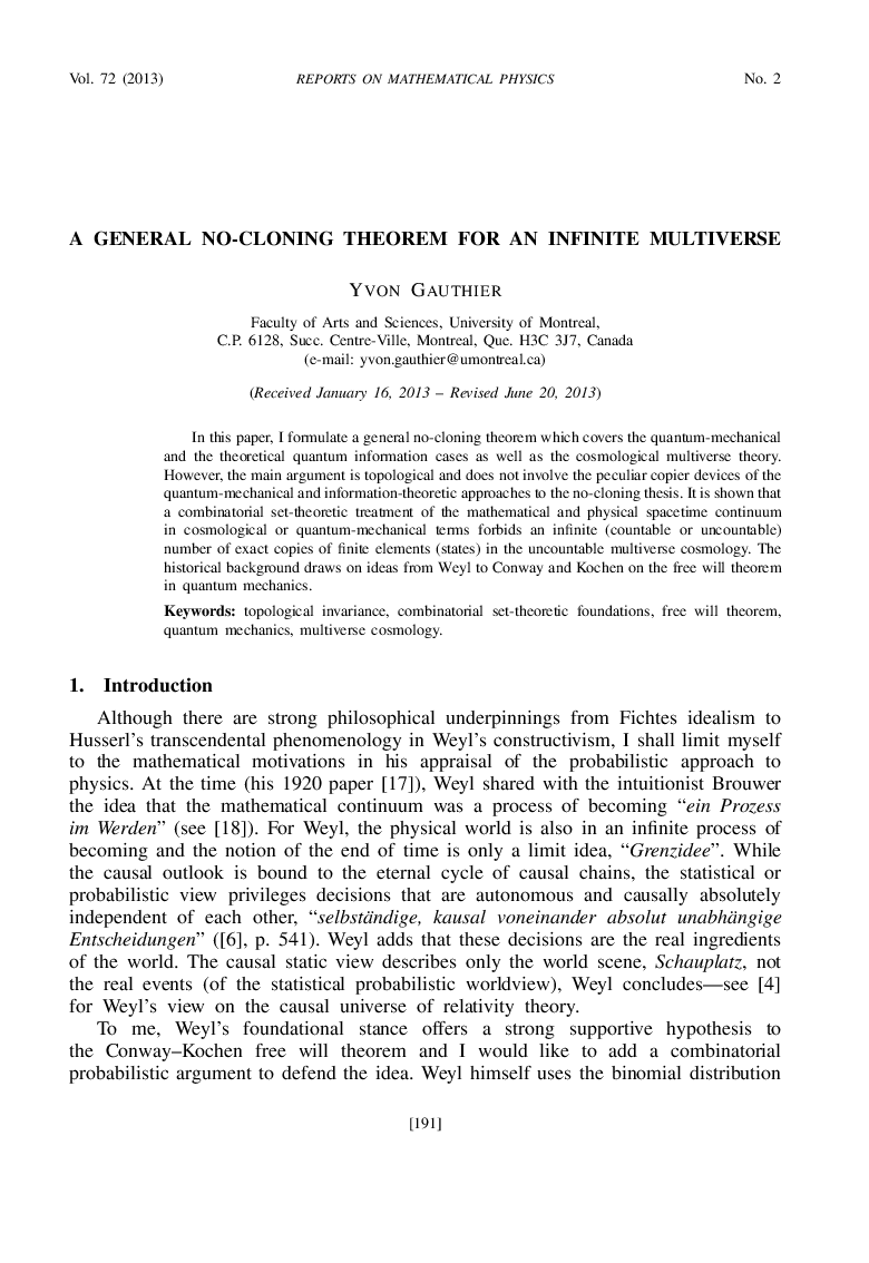 A General No-Cloning Theorem for an infinite Multiverse