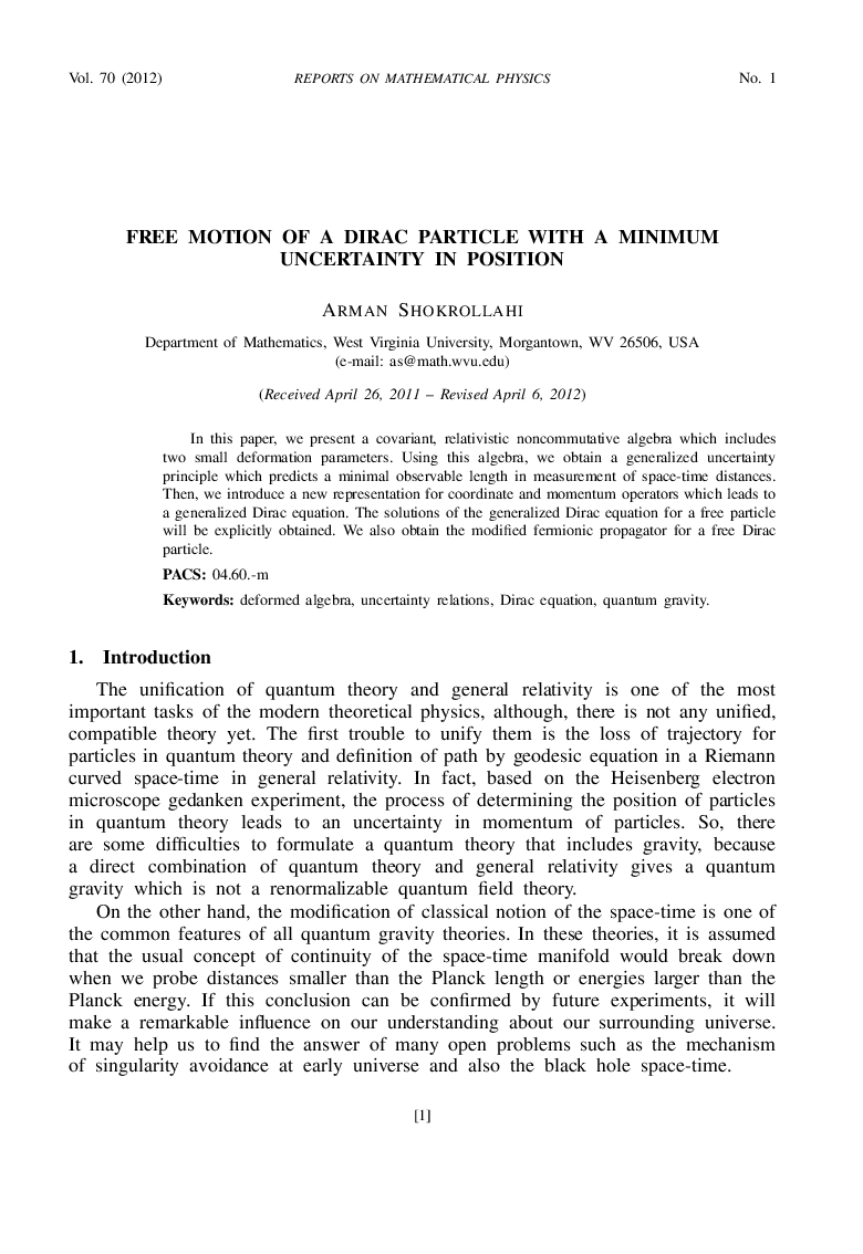 Free Motion of a Dirac Particle with a Minimum Uncertainty in Position