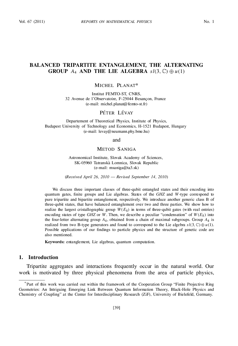 Balanced tripartite entanglement, the alternating group A4 and the lie algebra sl(3,ℂ)⊕u(1)