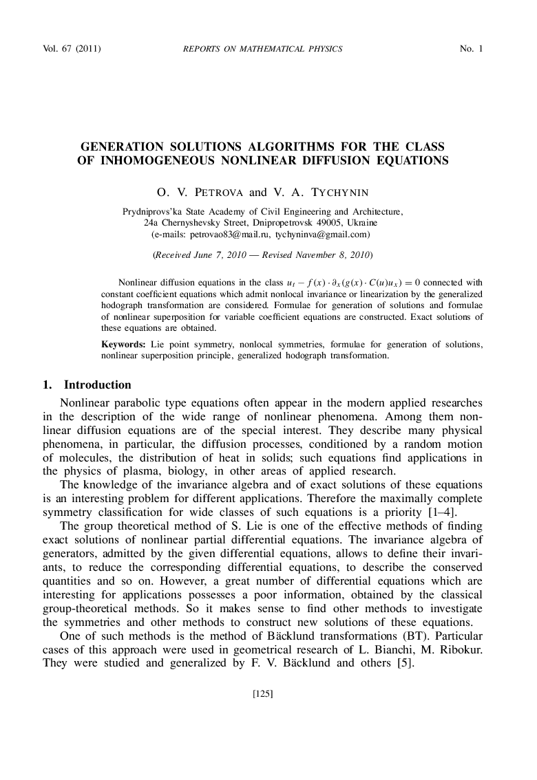 Generation solutions algorithms for the class of inhomogeneous nonlinear diffusion equations