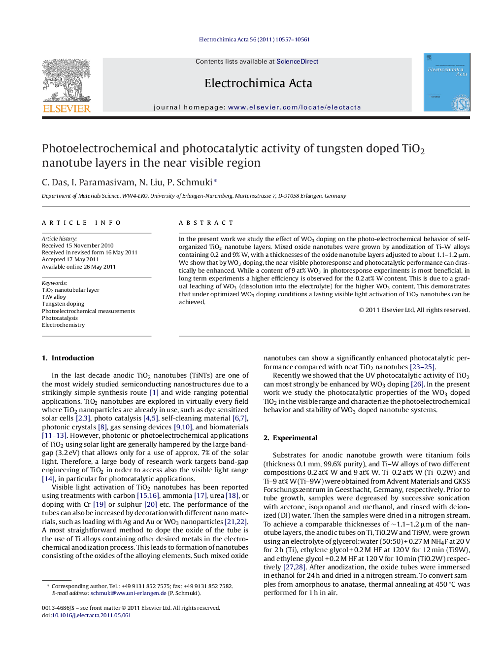 عکس صفحه اول مقاله: Photoelectrochemical and photocatalytic activity of tungsten doped TiO2 nanotube layers in the near visible region Photoelectrochemical and photocatalytic activity of tungsten doped TiO2 nanotube layers in the near visible region