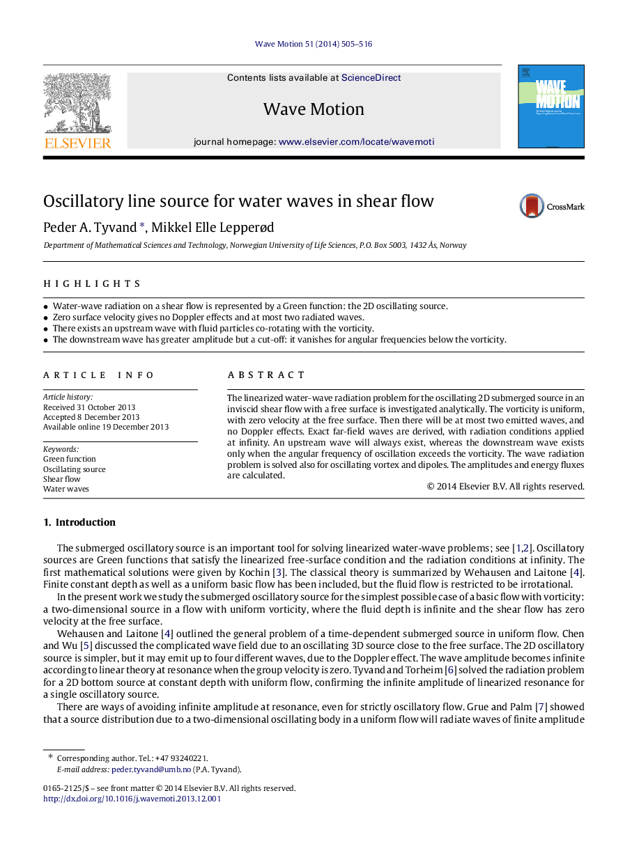 Oscillatory line source for water waves in shear flow