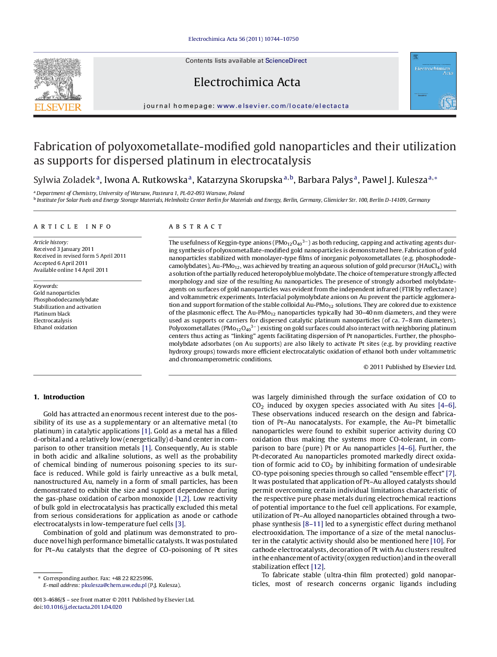 Fabrication of polyoxometallate-modified gold nanoparticles and their utilization as supports for dispersed platinum in electrocatalysis