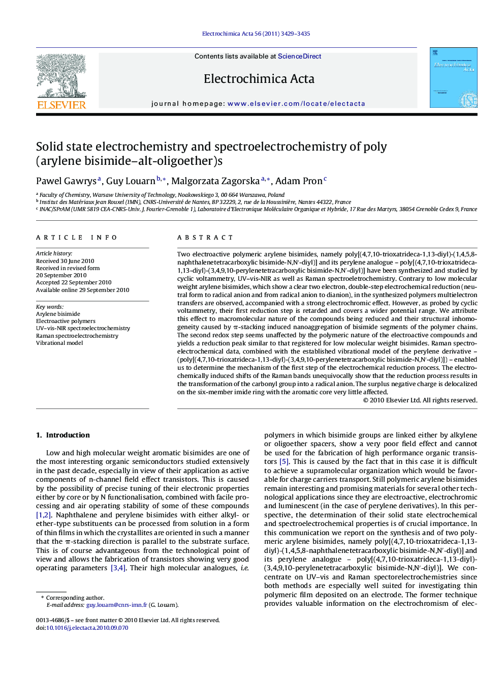 Solid state electrochemistry and spectroelectrochemistry of poly(arylene bisimide–alt-oligoether)s