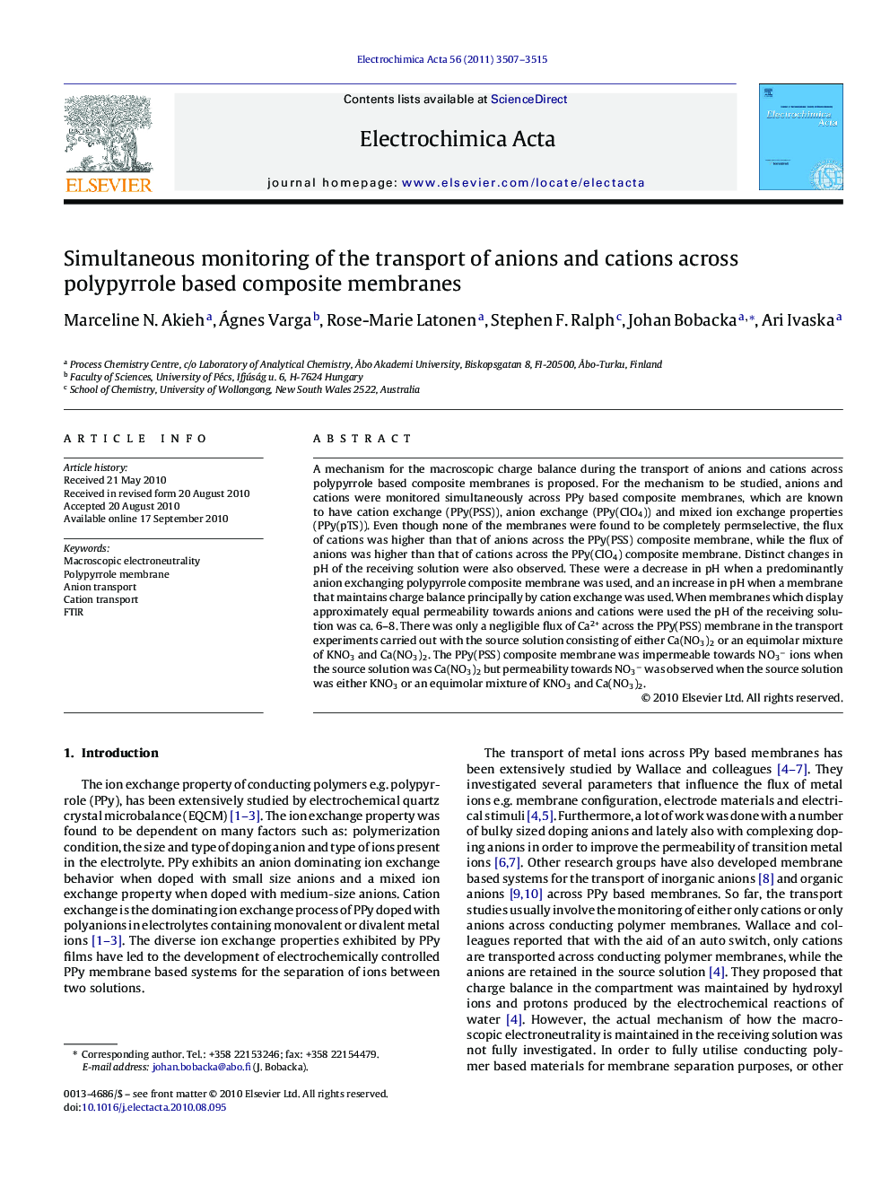 Simultaneous monitoring of the transport of anions and cations across polypyrrole based composite membranes