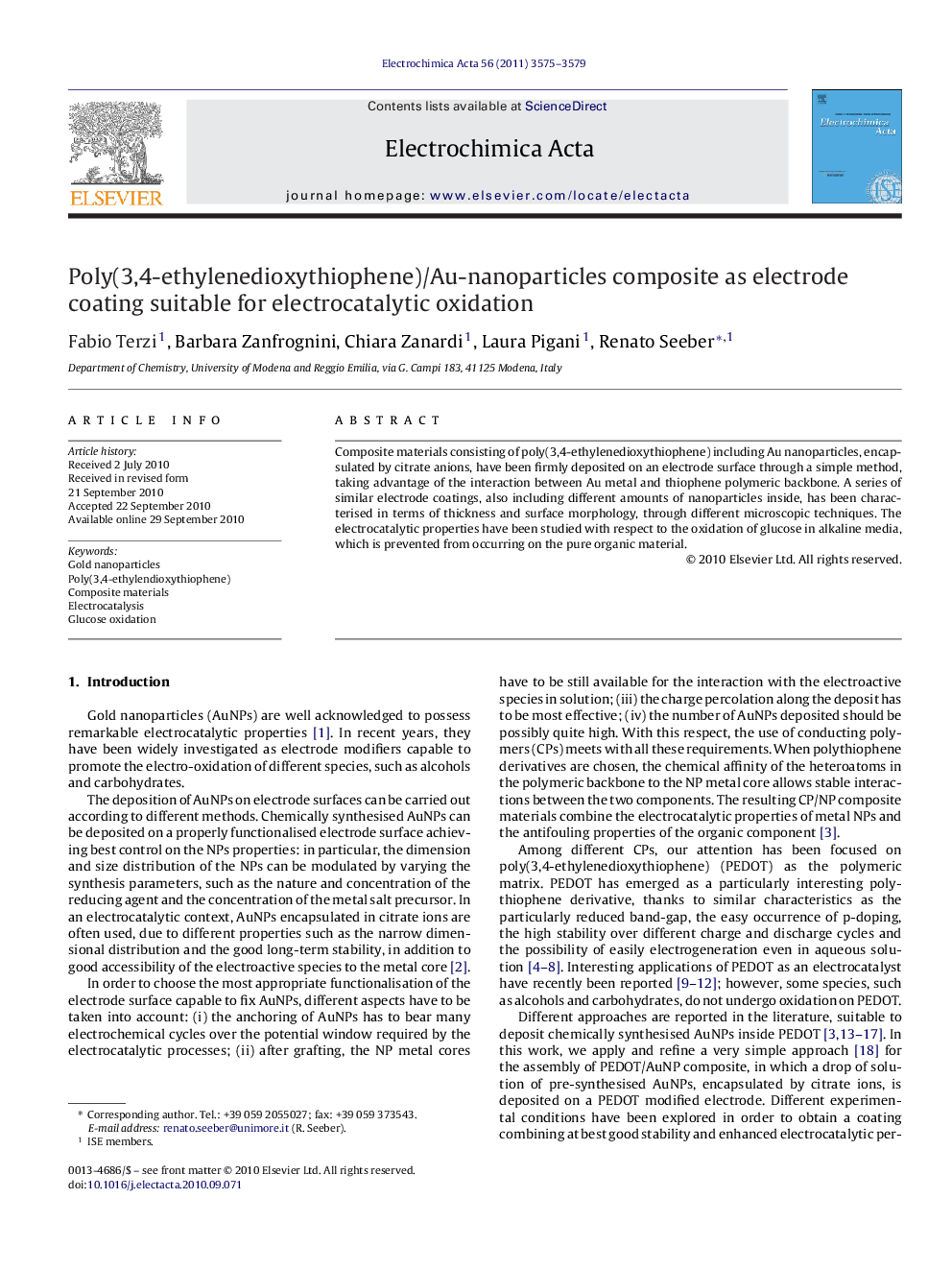 Poly(3,4-ethylenedioxythiophene)/Au-nanoparticles composite as electrode coating suitable for electrocatalytic oxidation