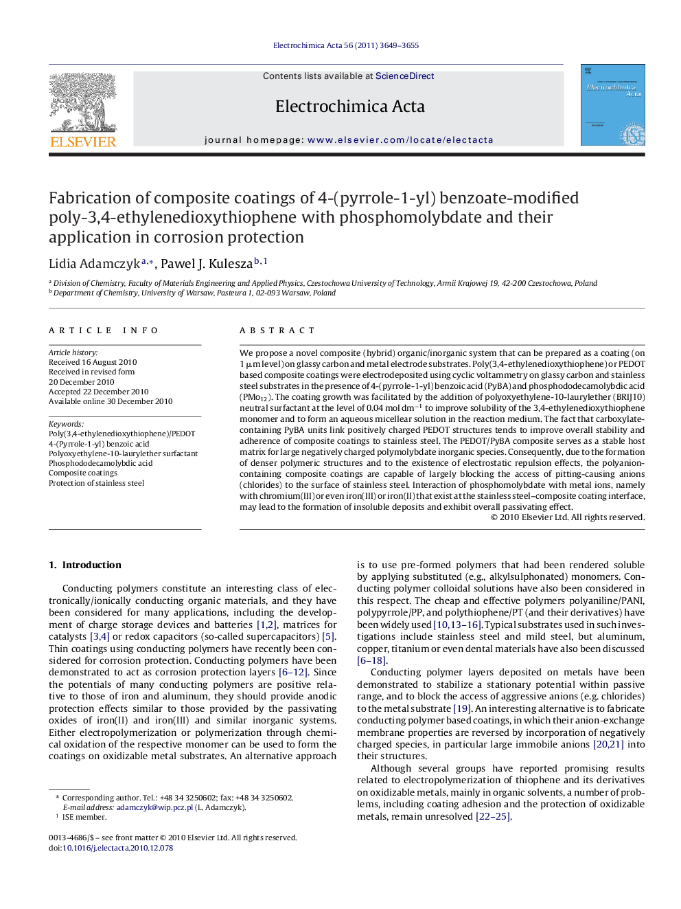 Fabrication of composite coatings of 4-(pyrrole-1-yl) benzoate-modified poly-3,4-ethylenedioxythiophene with phosphomolybdate and their application in corrosion protection
