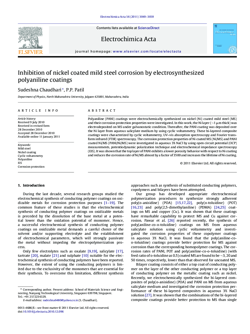 Inhibition of nickel coated mild steel corrosion by electrosynthesized polyaniline coatings