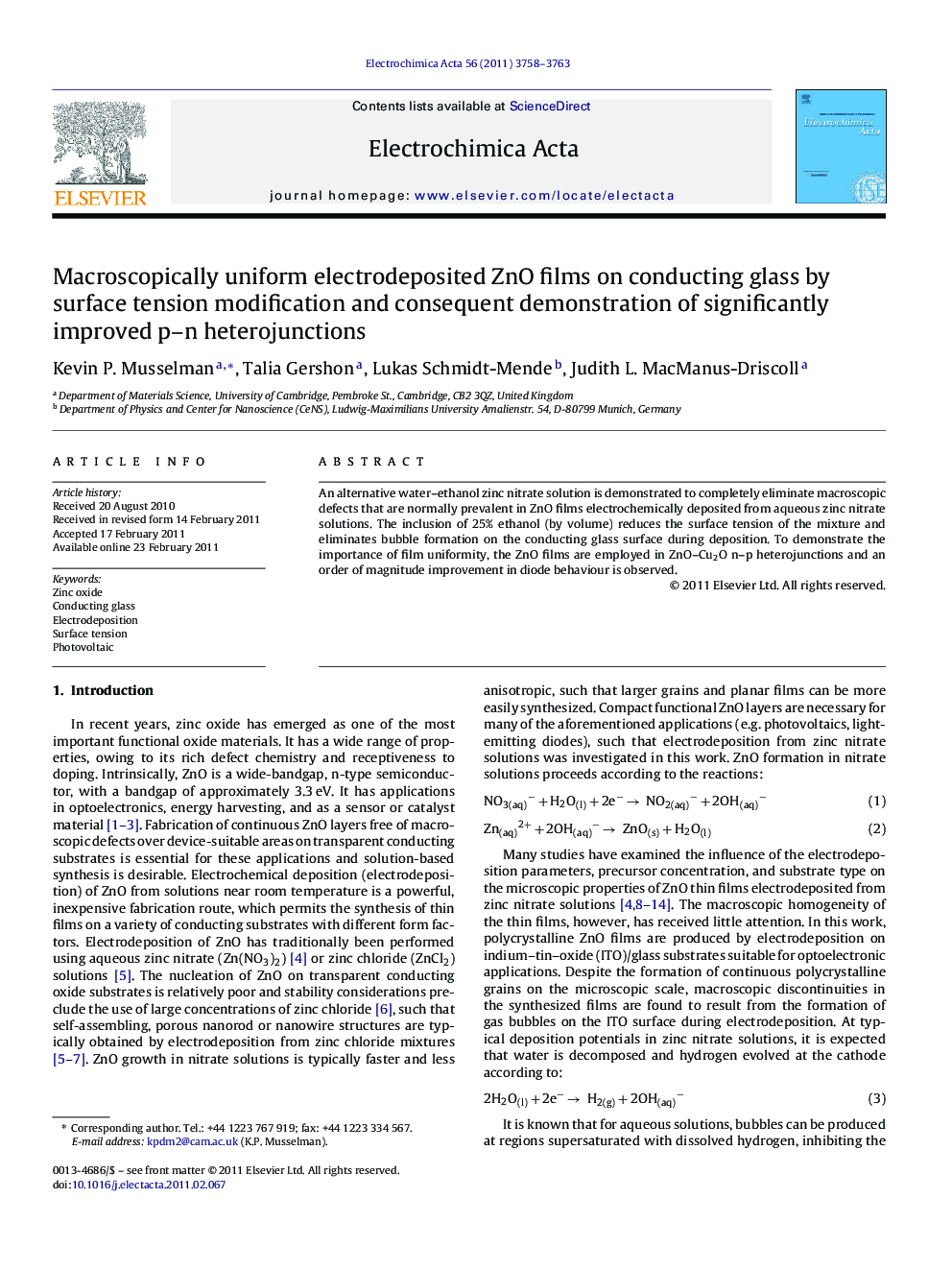 Macroscopically uniform electrodeposited ZnO films on conducting glass by surface tension modification and consequent demonstration of significantly improved p–n heterojunctions