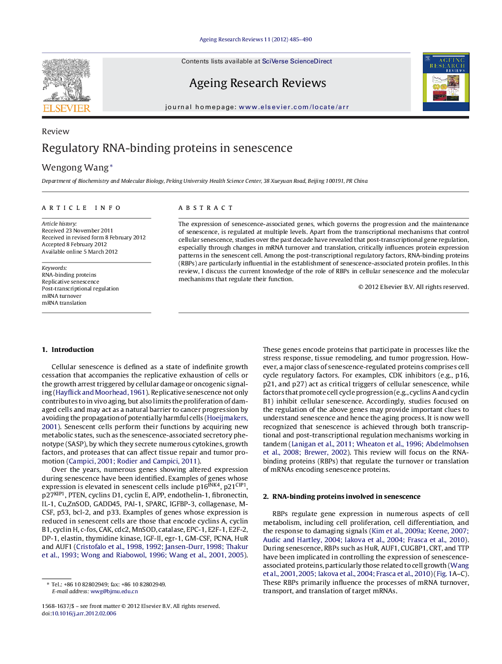 Regulatory RNA-binding proteins in senescence