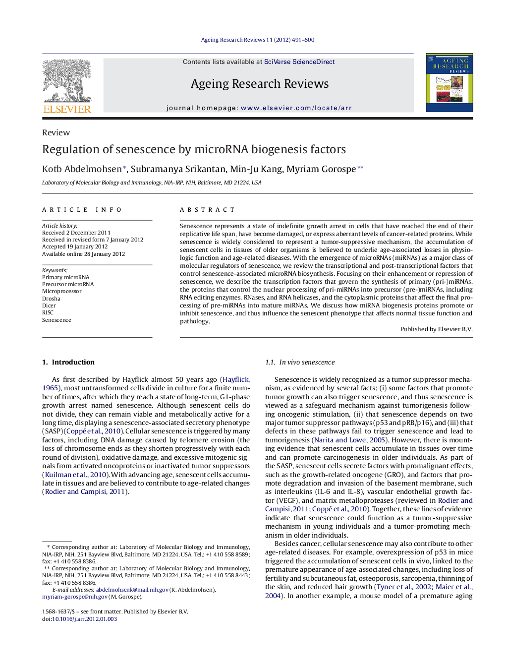 Regulation of senescence by microRNA biogenesis factors