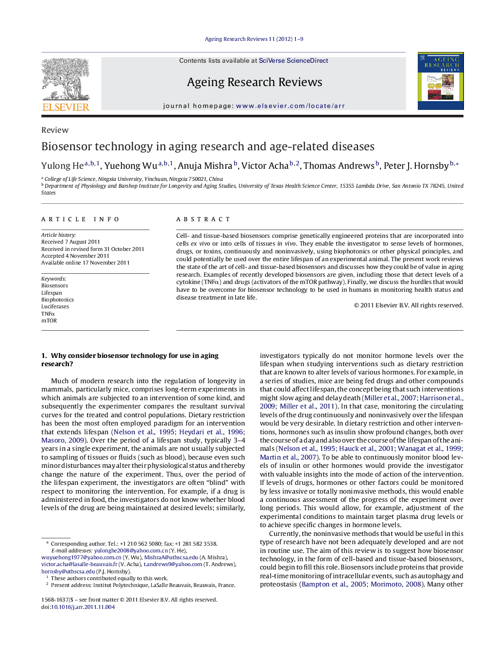 Biosensor technology in aging research and age-related diseases