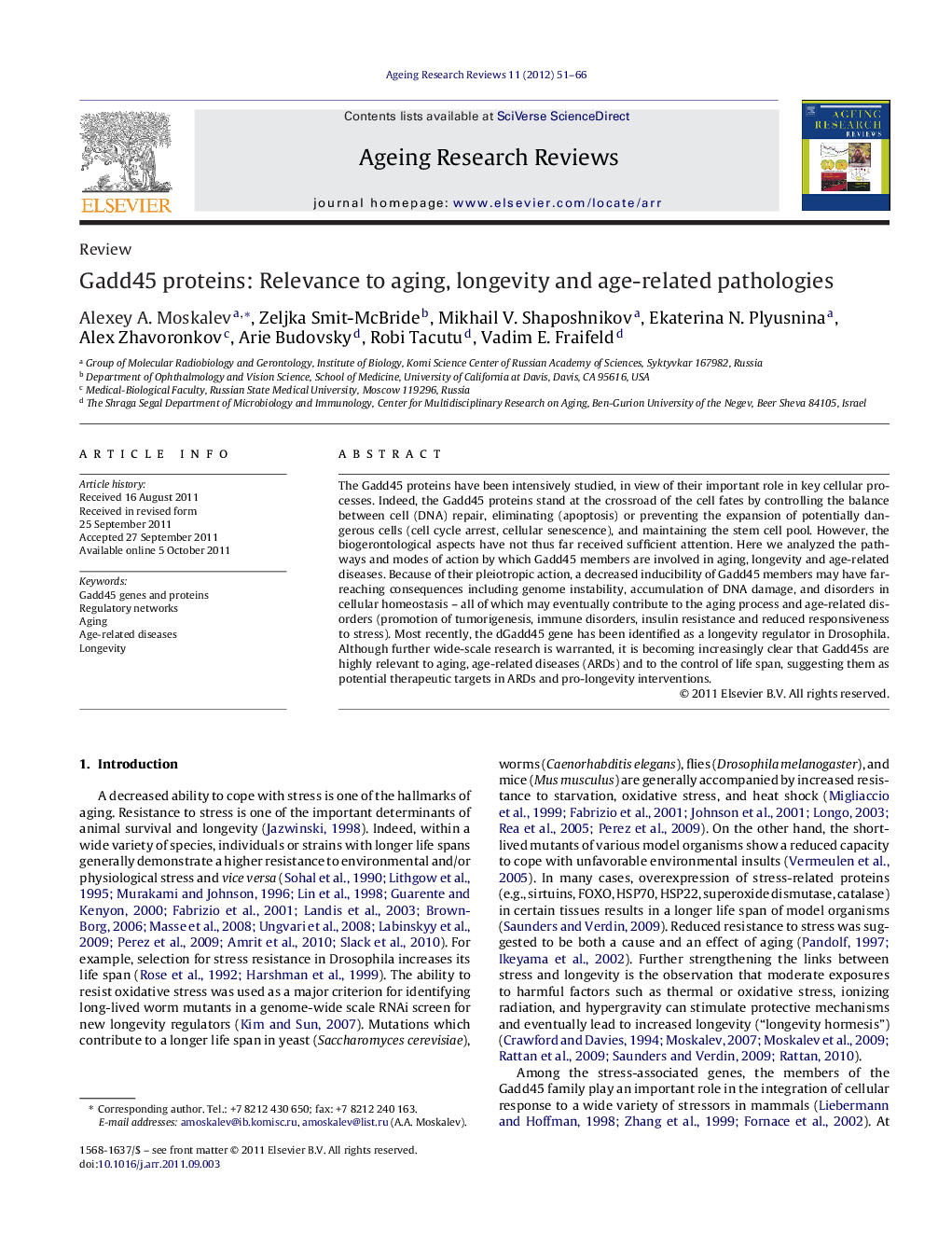 Gadd45 proteins: Relevance to aging, longevity and age-related pathologies