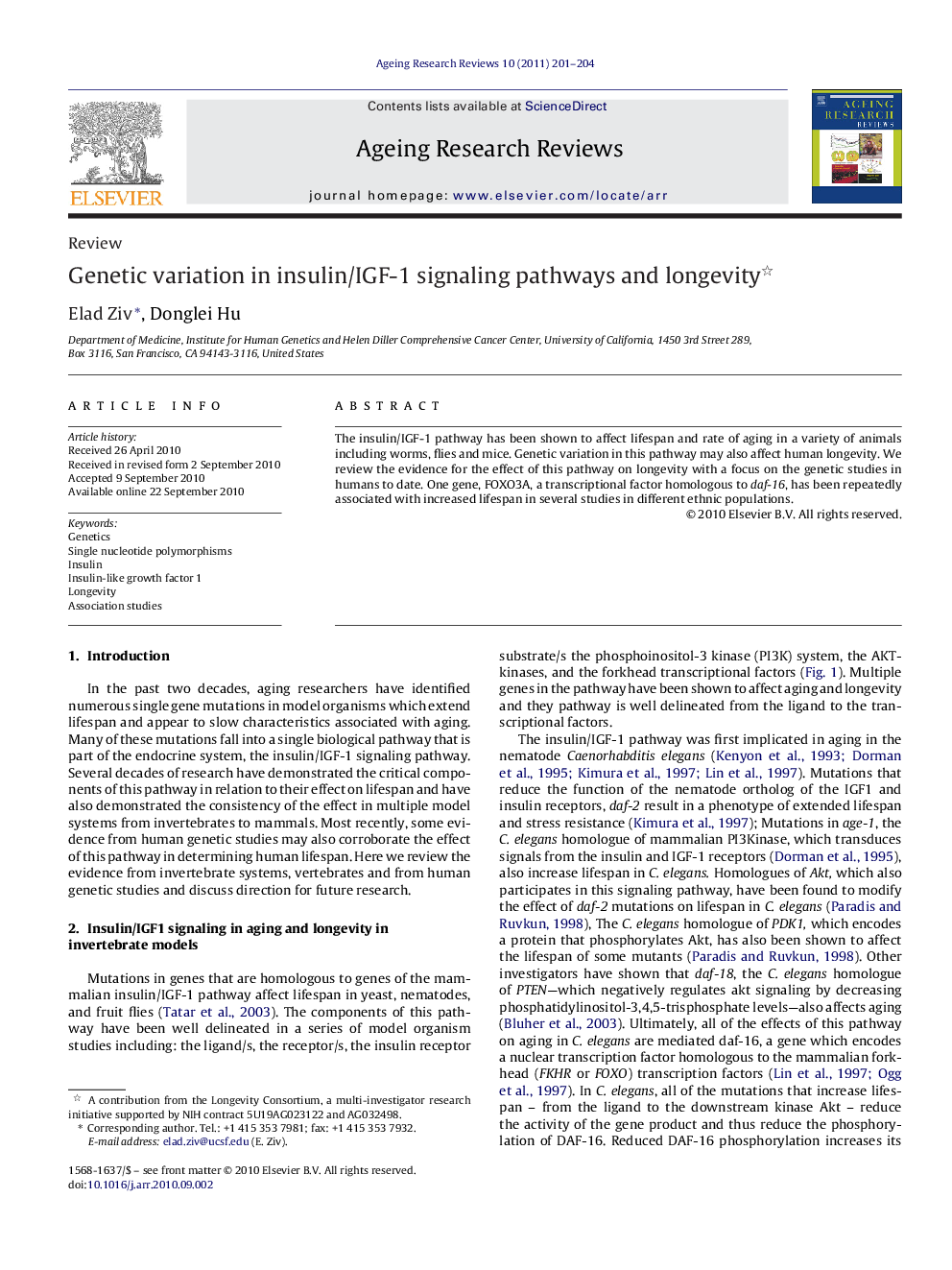 Genetic variation in insulin/IGF-1 signaling pathways and longevity 