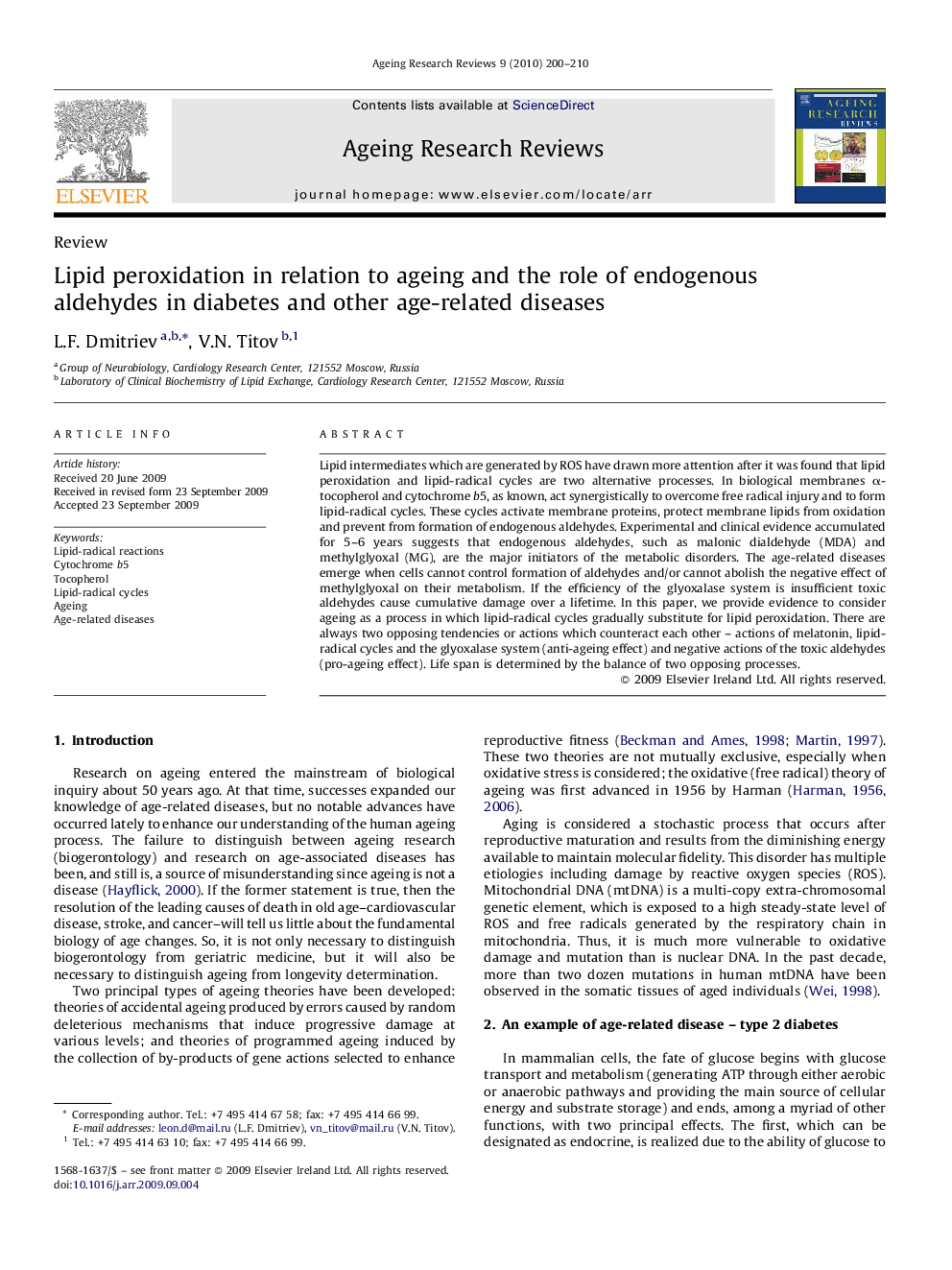 Lipid peroxidation in relation to ageing and the role of endogenous aldehydes in diabetes and other age-related diseases