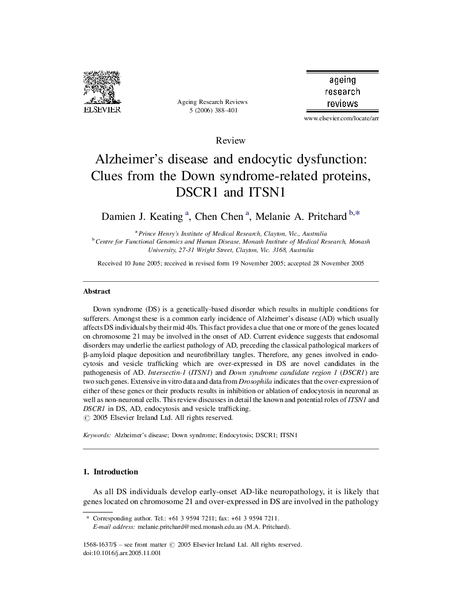 Alzheimer's disease and endocytic dysfunction: Clues from the Down syndrome-related proteins, DSCR1 and ITSN1