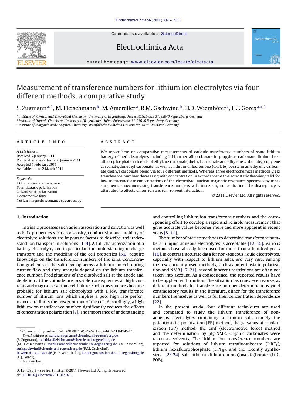 Measurement of transference numbers for lithium ion electrolytes via four different methods, a comparative study