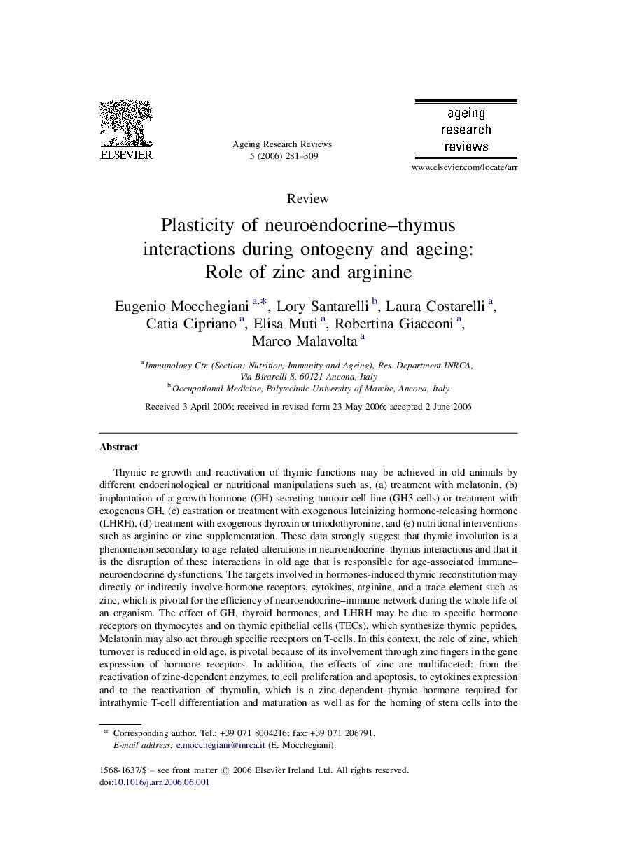 Plasticity of neuroendocrine–thymus interactions during ontogeny and ageing: Role of zinc and arginine