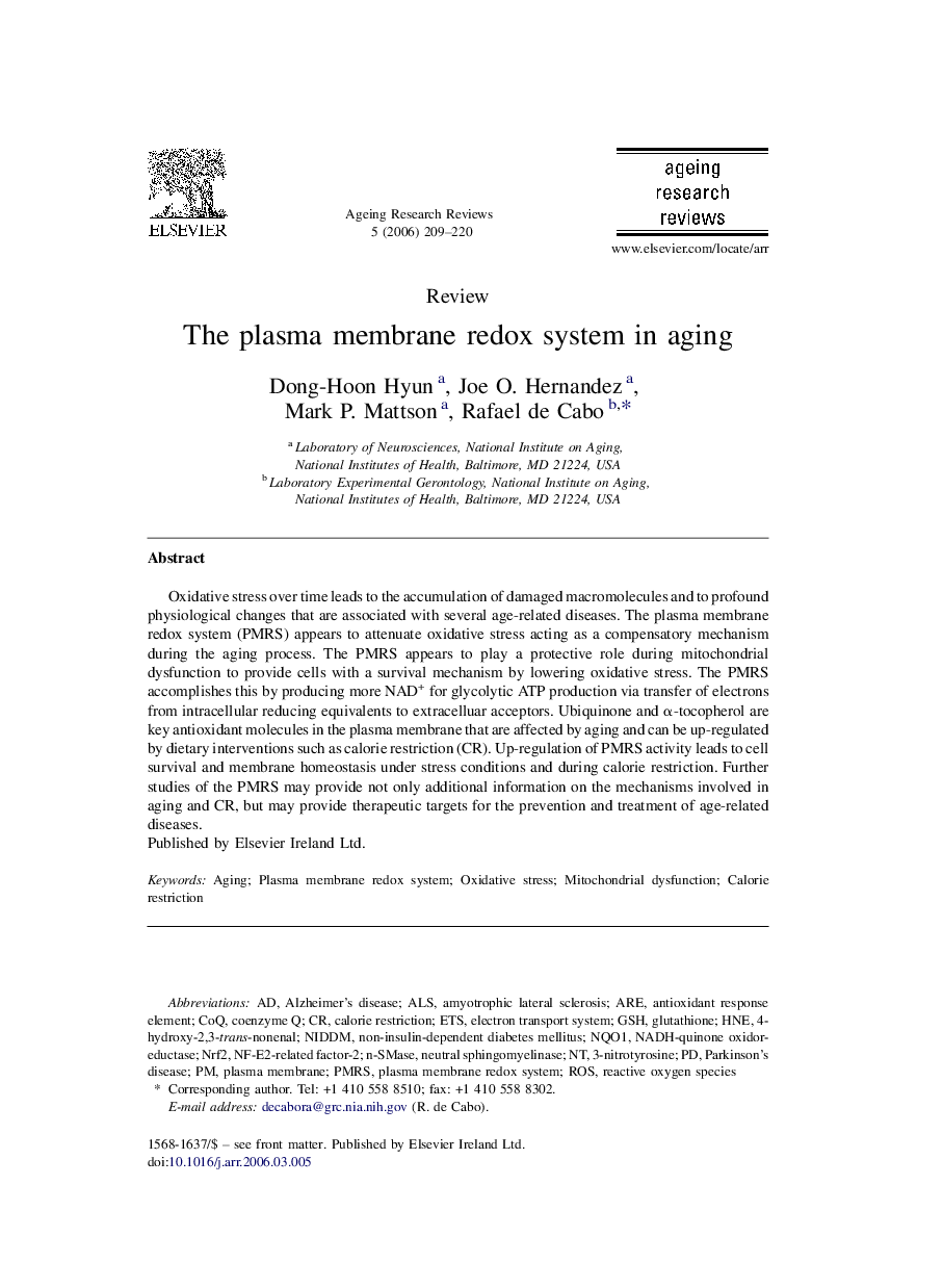 The plasma membrane redox system in aging