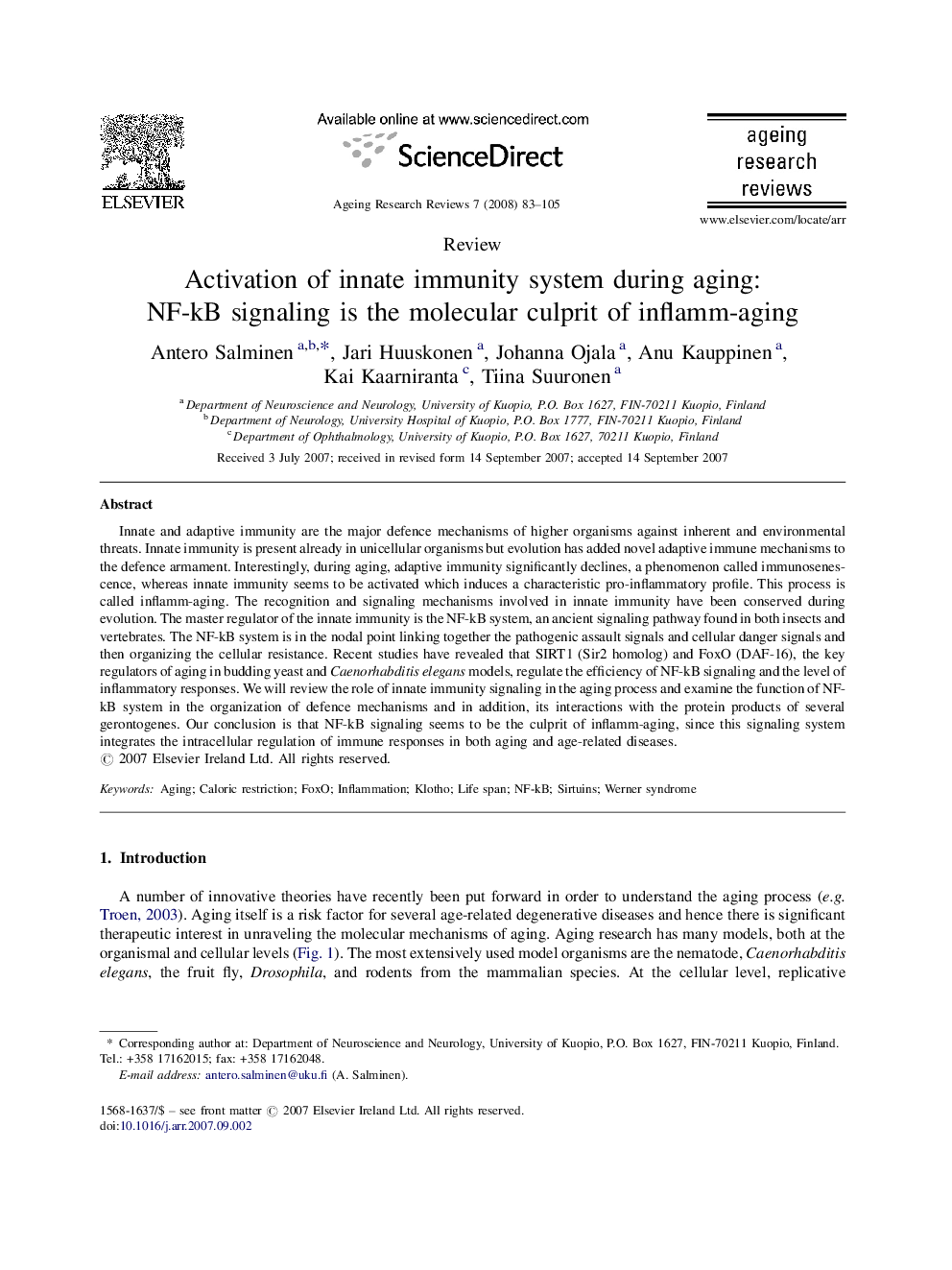 Activation of innate immunity system during aging: NF-kB signaling is the molecular culprit of inflamm-aging